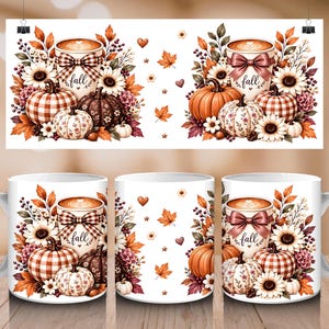 May include: Three white ceramic mugs featuring a repeating fall-themed graphic. The design includes a coffee cup with a bow, the word fall, sunflowers, pumpkins with plaid and floral patterns, autumn leaves, and small hearts on a white background.