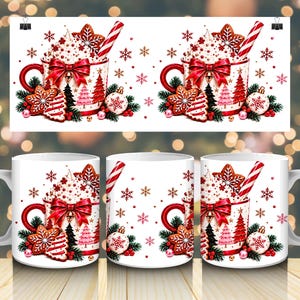 May include: Three white ceramic mugs featuring a festive Christmas design. The print displays a mug filled with whipped cream, a red bow, a candy cane, gingerbread cookies, pine branches, and ornaments, surrounded by scattered red and gold snowflakes.