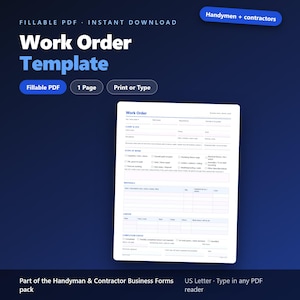 Work Order Template | Fillable PDF Handyman & Contractor Work Order Form, Site Access Codes, 12-Item Scope Checklist, Sign-Off | Printable