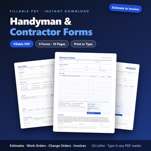 Handyman Estimate Template | Contractor Forms Fillable PDF, Work Order Template, Handyman Invoice, Service Agreement, Change Order Form