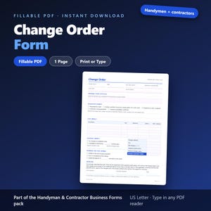 Änderungsauftragsformular | Ausfüllbare PDF-Vorlage für Bauunternehmer-Änderungsaufträge, Grund der Änderung, Kosten- und Terminauswirkungen | Druckbares Formular
