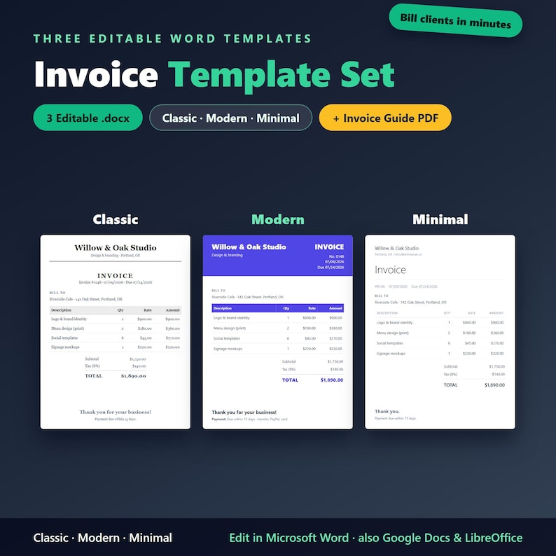 Invoice Template Set | 3 Editable Word Invoice Templates | Classic ...