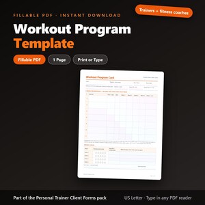 May include: A fillable PDF workout programme template for trainers and fitness coaches. The document features a workout programme card with sections for client details, a 4-week progression table, and a weekly cardio log. It is a 1-page A4 size.