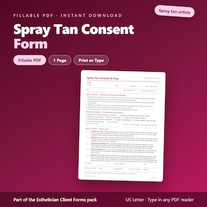 Puede incluir: Una plantilla digital de formulario de consentimiento para bronceado en spray sobre un fondo magenta oscuro. El documento incluye secciones para datos del cliente, lista de preparación, salud, alergias e instrucciones de cuidado. PDF rellenable.