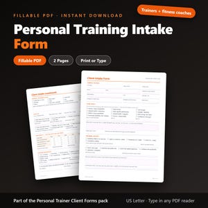 Peut inclure: Un formulaire d'admission pour entraînement personnel en PDF remplissable de deux pages pour coachs sportifs. Le document comprend des sections pour les coordonnées, les objectifs et l'historique d'entraînement, avec des accents orange sur fond blanc.