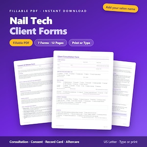 May include: A set of digital nail tech client forms featuring a purple background with white text. The documents include a consent and release form, a client consultation form, and aftercare instructions, totalling 7 forms and 12 pages in US Letter size.