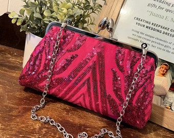 Hot pink sequin clutch bag, modern wedding purse for bride, fuchsia kisslock pocketbook, formal event, gift for her