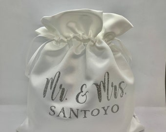 Personalized white Satin dollar dance bag  for wedding, money string bag bride, customized Mrs pouch