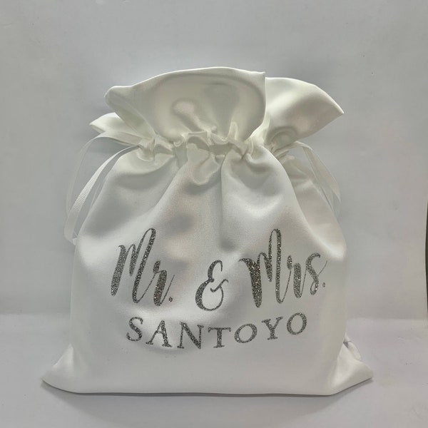 Personalized white Satin dollar dance bag  for wedding, money string bag bride, customized Mrs pouch