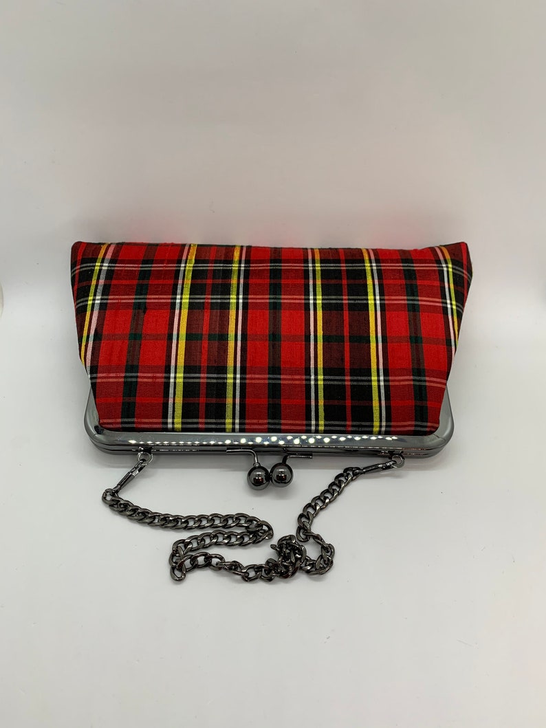 red tartan clutch bag