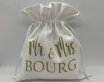 Personalized white Satin dollar dance bag  for wedding, money string bag bride, customized Mrs pouch