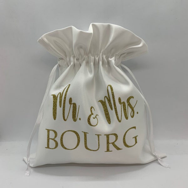Personalized white Satin dollar dance bag  for wedding, money string bag bride, customized Mrs pouch