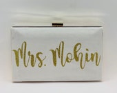 Personalized white satin wedding clutch, Mrs minaudière glitter monogram, Wedding purse, bridal shower Gift idea, formal event  pocketbook