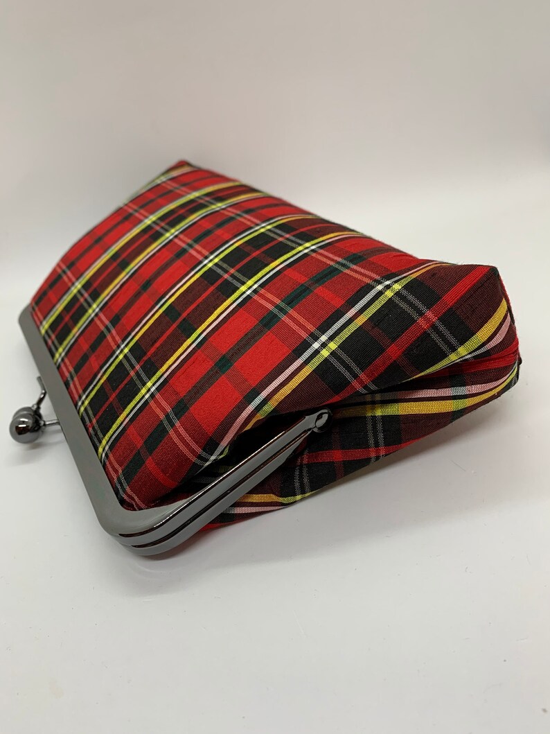 red tartan clutch bag
