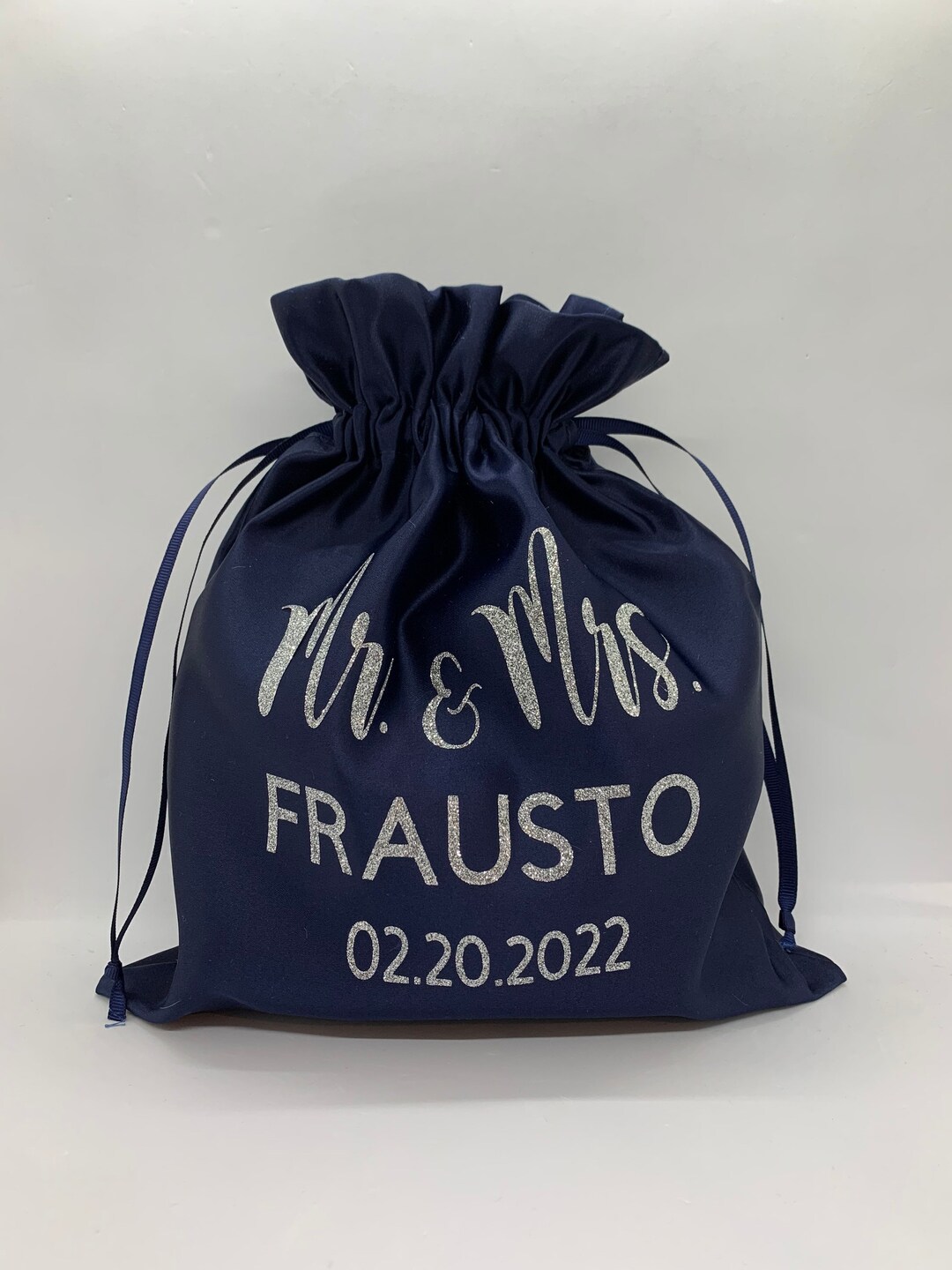 Personalized Satin Bag for Wedding, String Bag for Money Dance, Customized Mr Mrs Pouch Navy