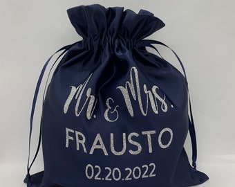 Personalized Satin bag for wedding, string bag for money dance, customized Mr Mrs pouch navy , something blue bride