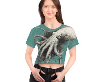 Giant Squid Illustration Green Crop Tee | Octopus Cephalopod Graphic