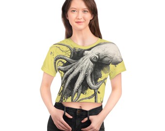 Giant Squid Illustration Yellow Crop Tee | Octopus Sea Creature Shirt