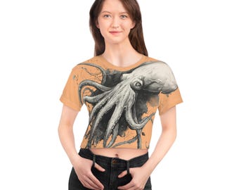 Giant Squid Illustration Orange Crop Tee | All-Over Print, Ocean Cephalopod Shirt
