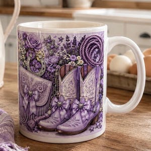 May include: A white ceramic mug featuring a purple-toned graphic print of a pair of cowboy boots with bows, a fringed handbag, a horseshoe, a coiled rope, and floral arrangements including roses and lavender against a soft purple background.