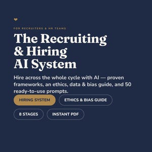 Może przedstawiać: Ciemnoniebieska okładka dokumentu cyfrowego z tytułem The Recruiting & Hiring AI System for Recruiters & HR Teams. Zawiera tekst o rekrutacji z użyciem AI, ramy, przewodnik po etyce i uprzedzeniach, 50 promptów, 8 etapów i dostęp do PDF.