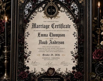 Certificato di matrimonio gotico da conservare come ricordo, certificato di nozze personalizzato, stampa romantica e oscura da tramandare di generazione in generazione.