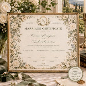 Peut inclure: Un certificat de mariage rectangulaire sur fond crème avec un cadre doré. Le document est orné d'illustrations florales dans des tons de blanc, crème et vert, et comporte le texte imprimé Marriage Certificate en lettres capitales.