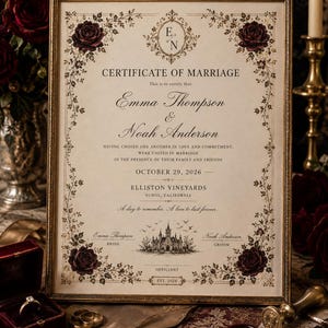 May include: A framed Certificate of Marriage featuring the names Emma Thompson and Noah Anderson, dated 29 October 2026, at Elliston Vineyards. The document has a cream background, dark red rose illustrations, and a central castle graphic.