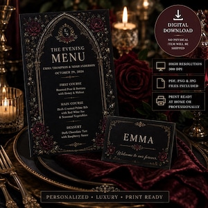 Könnte beinhalten: Eine schwarze Menükarte und eine passende Platzkarte mit goldenen gotischen Bogenrändern, dunkelroten Rosenillustrationen und weißem Text. Das Menü zeigt The Evening Menu für Emma Thompson und Noah Anderson am 29. Oktober 2026, während die Platzkarte Emma und Welcome to our forever liest.