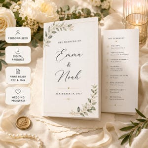 Può includere: Un libretto messa piegato con il testo The Wedding of Emma & Noah September 18, 2027, decorato con foglie ad acquerello verdi negli angoli. L'interno elenca l'ordine della cerimonia, inclusi il benvenuto, il corteo e le letture.