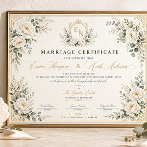 May include: A framed marriage certificate featuring white roses and eucalyptus foliage in the corners. The text reads Marriage Certificate, Emma Thompson & Noah Anderson, September 18, 2027, at The Garden Estate, Nashville, Tennessee, with witness lines.
