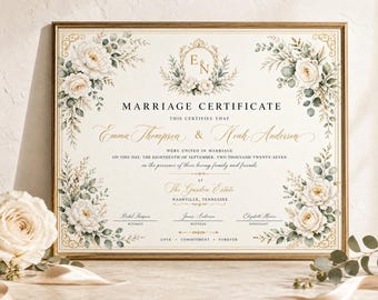 May include: A marriage certificate document in a gold frame, featuring white floral and green eucalyptus illustrations in the corners. The text reads Marriage Certificate, Emma Thompson and Noah Anderson, The Garden Estate, Nashville, Tennessee.