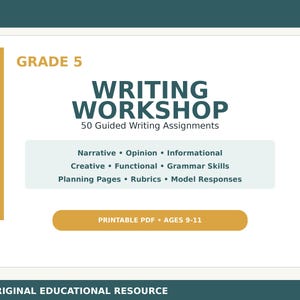 Könnte beinhalten: Ein pädagogisches Material für die 5. Klasse namens Writing Workshop mit 50 geführten Schreibaufgaben. Der Text enthält Narrative, Opinion, Informational, Creative, Functional, Grammar Skills, Planning Pages, Rubrics und Model Responses.
