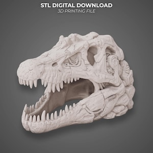 Puede incluir: Un modelo 3D de color claro de un cráneo de dinosaurio mecánico con detalles intrincados de engranajes y paneles. El texto STL DIGITAL DOWNLOAD 3D PRINTING FILE es visible en la parte superior. Mandíbula abierta con dientes afilados.