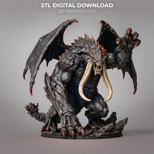 May include: A 3D printed digital download STL file of a monstrous creature with dark grey, muscular skin, large wings, sharp claws, and two long, curved ivory-colored tusks. The creature has orange accents on its back and claws, and the text reads STL DIGITAL DOWNLOAD 3D PRINTING FILE.