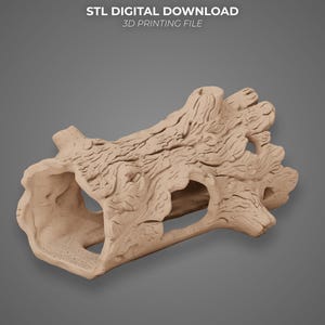 Puede incluir: Un archivo de impresión 3D de color marrón claro con forma de tronco de árbol hueco con detalles de corteza texturizada y aberturas en los lados. El texto STL DIGITAL DOWNLOAD 3D PRINTING FILE aparece sobre el objeto.