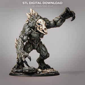 May include: A 3D printed creature figurine featuring a skull head with blue eyes, a muscular grey bark-like body, and sharp claws. The text STL DIGITAL DOWNLOAD 3D PRINTING FILE is visible above the figure, which stands on a base with bones.