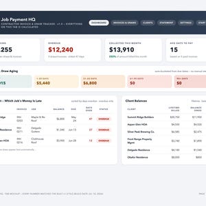 May include: A digital dashboard titled Job Payment HQ displaying financial data for contractors. It features sections for outstanding and overdue payments, invoice aging, a chase list for late payments, and client balances with numerical data.