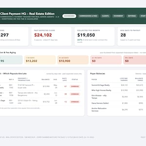 Puede incluir: Un panel digital titulado Client Payment HQ – Real Estate Edition, que presenta secciones para comisiones pendientes, cierres esperados y pagos cobrados. Incluye un gráfico de antigüedad de comisiones, una lista de pagos atrasados y saldos.