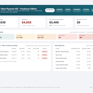 May include: A digital dashboard titled Client Payment HQ - Freelancer Edition, featuring sections for outstanding and overdue invoices, monthly collections, invoice aging, a chase list for follow-ups, and a table displaying client balances.
