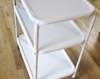 Vintage White Enamel Metal Rolling Utility Cart