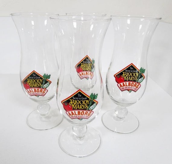 Danish Aalborg Akvavit Bloody Mary Hurricane Bar Glasses Set of 4 