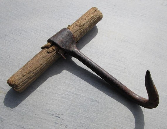 Primitive Antique Industrial Iron & Wood Hay Bale Hook -  Canada