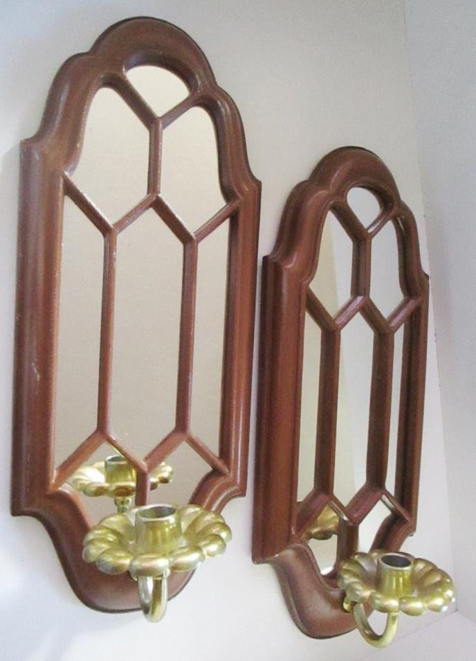 Mid Century Mirrored Brown Metal & Gold Candle Sconces Set of 2 