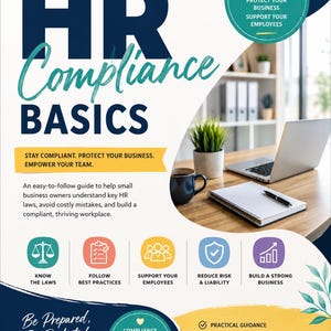 Op de afbeelding: Een digitale gids getiteld HR Compliance Basics met donkerblauwe en blauwgroene tekst op een witte achtergrond. Het document bevat iconen voor wetgeving, best practices en risicobeperking, naast een lijst met praktische richtlijnen.