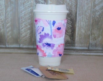 Coffee Cozy Sleeve Made With Pink Floral Watercolor Inspired Fabric