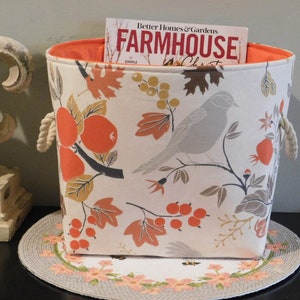 Fall Colored Bird and Foliage Print Fabric Basket With Handles