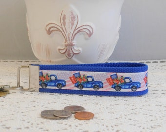Key Chain Wristlet Made With Patriotic Blue Truck Ribbon
