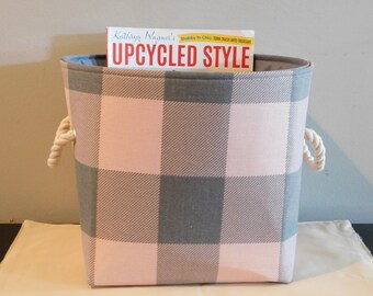 Large Pink And Gray Buffalo Check Fabric Basket With Handles