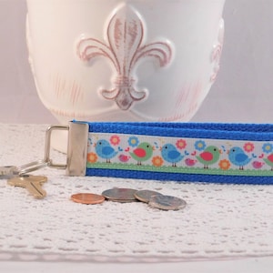 Adorable Keychain Wristlet Made With Bird Themed Ribbon